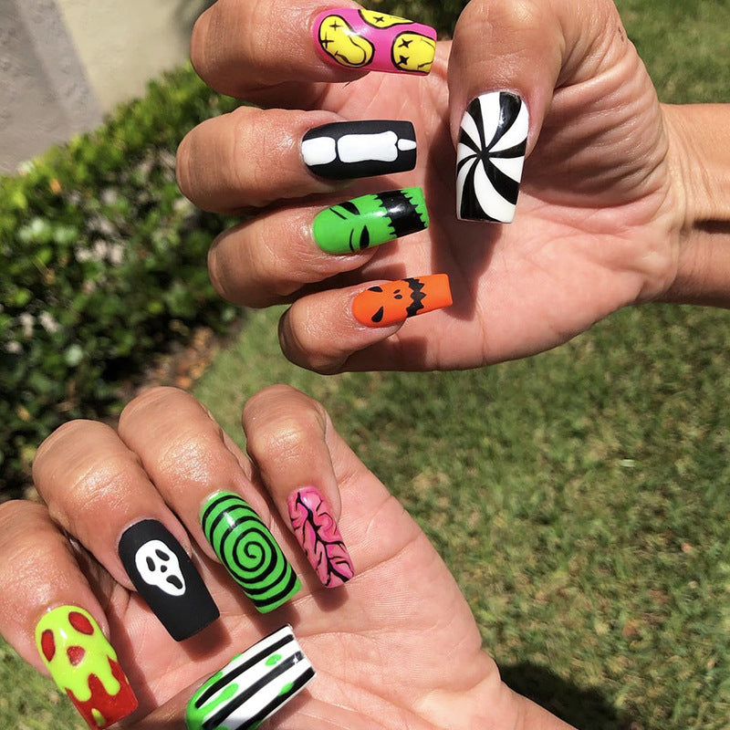 Spooky Elegance Long Square Multicolor Halloween-Themed Press On Nail Set with Unique Patterns