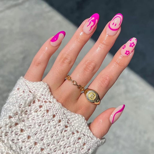 Smiley Summer Vibes Long Oval Pink Press On Nail Set with Playful Face and Flower Accents