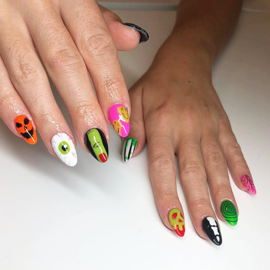 Spooky Elegance Long Almond Multi-Colored Halloween Themed Press On Nail Set with Glow-in-the-Dark Accents