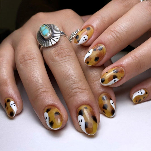 Autumn Elegance Short Oval Amber Marble Press On Nail Set with Ghost Accents