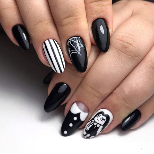 Gothic Glamour Long Almond-Shaped Black Press On Nail Set with Striped and Cartoon Accent Nails