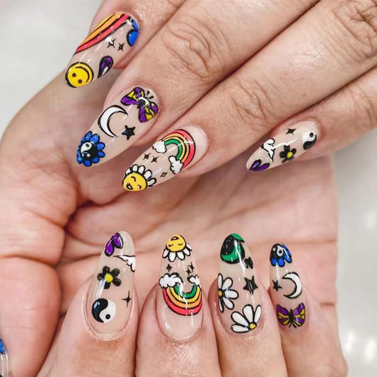 Funky Doodle Art Long Almond Multicolor Press On Nail Set with Whimsical Designs
