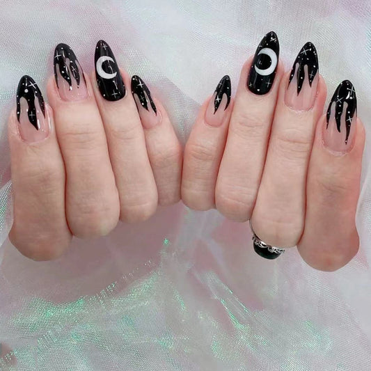 Mystic Moonlight Long Almond Black Press On Nail Set with Crescent Moon and Eye Accents