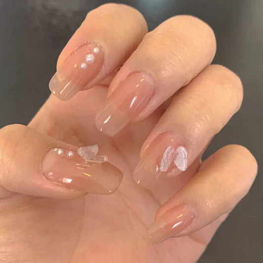 Elegant Bridal Long Round Beige Press On Nail Set with Pearl Accents