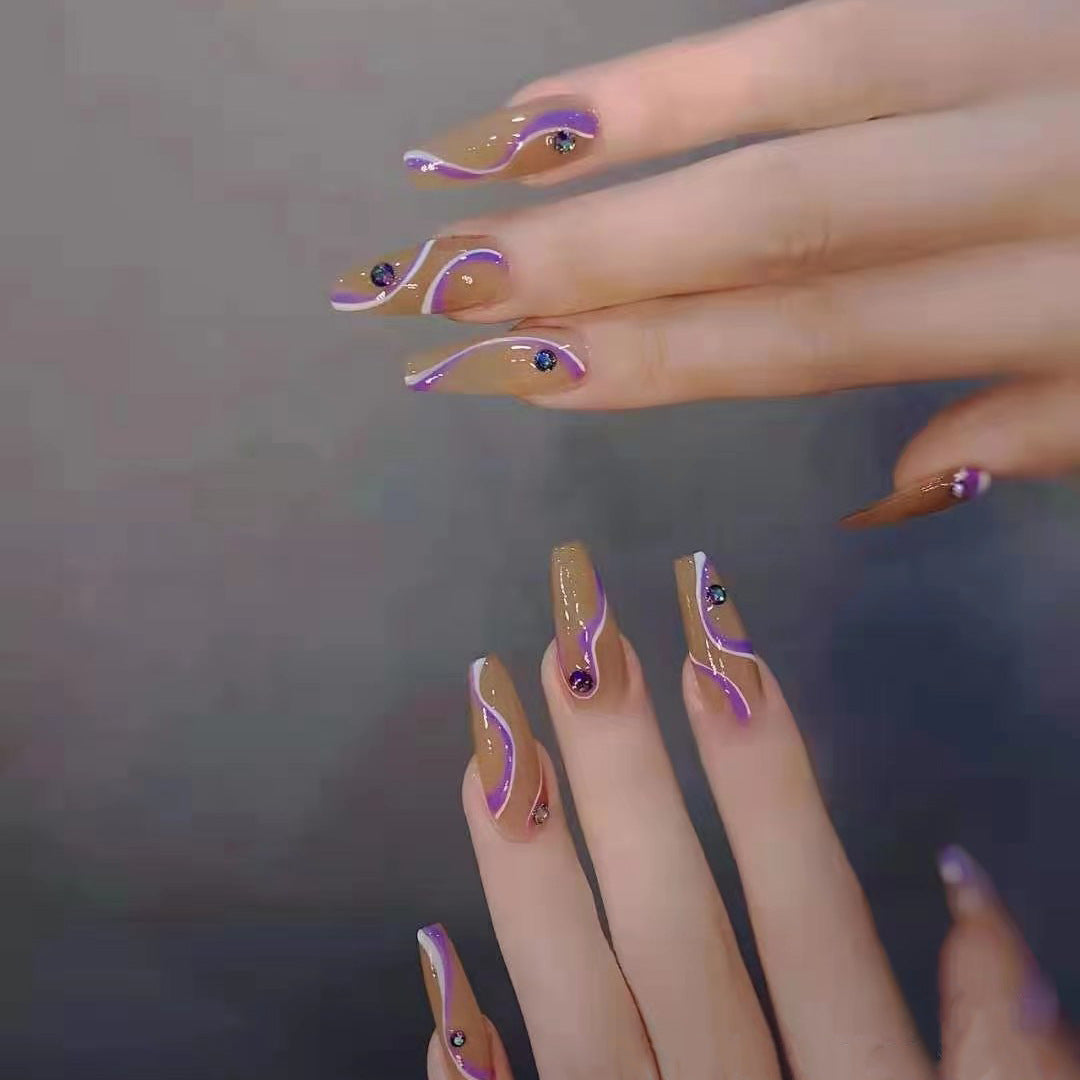 Enchanted Elegance Medium Coffin Brown and Purple Press On Nails with Swirl Accents and Rhinestones