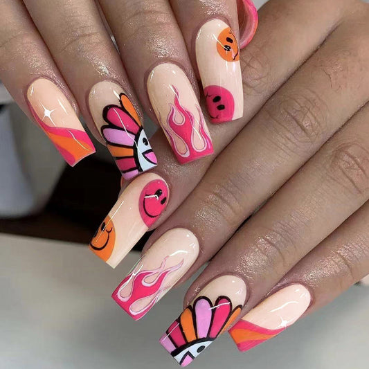 Fantasy Flamingo Long Square Beige Pink Press On Nail Set with Playful Animal Art Design