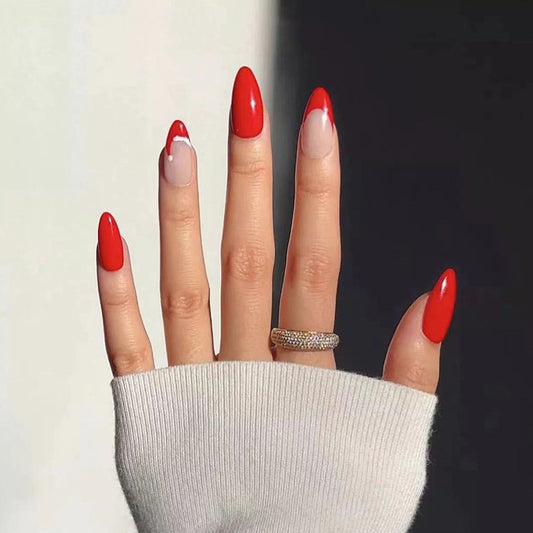 Elegant Romance Long Almond Red French Tip Press On Nail Set with Accent Heart Design