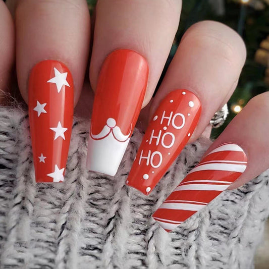 Festive Holiday Charm Long Coffin Red Press On Nails with White Accents and Seasonal Phrases