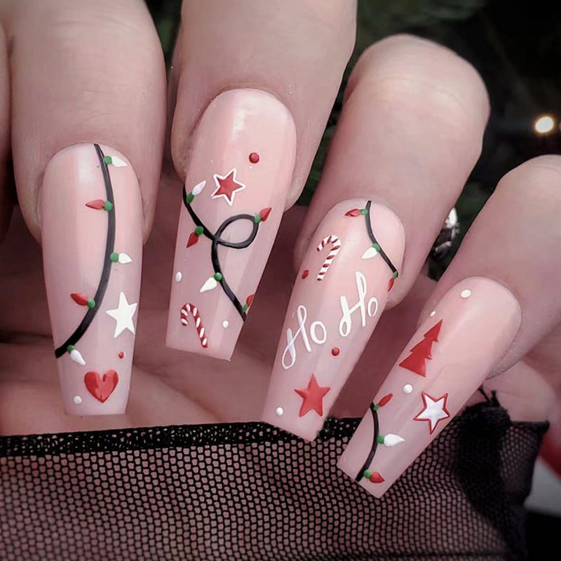 Holiday Festive Long Coffin Light Pink Press On Nail Set with Christmas Lights Design