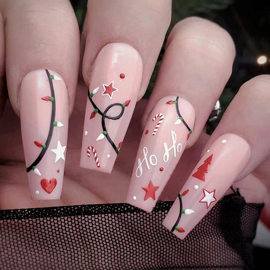 Holiday Festive Long Coffin Light Pink Press On Nail Set with Christmas Lights Design