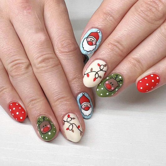 Holiday Festive Medium-Length Oval Press On Nail Set Multi-Color Santa and Reindeer Design