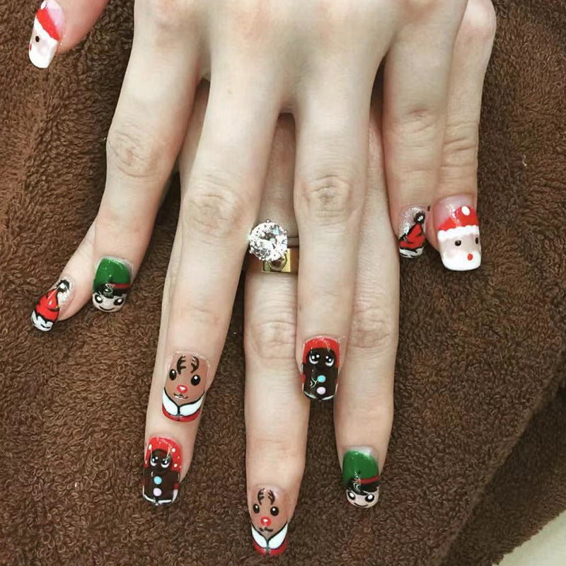 Holiday Festive Long Square Multicolor Christmas Character Press On Nail Set with 3D Santa and Reindeer Accents