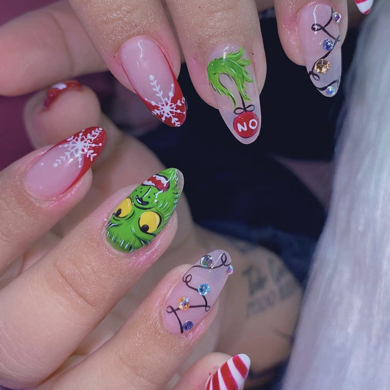 Festive Holiday Long Square Multicolor Christmas-Themed Press On Nail Set with 3D Embellishments