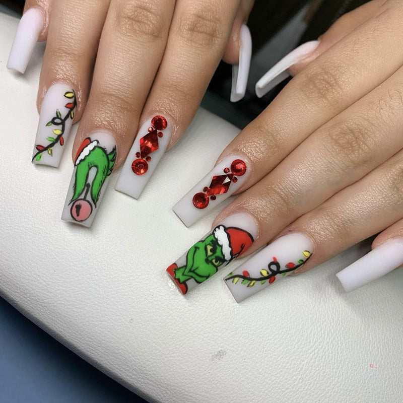 Festive Holiday Spirit Long Square White Press On Nails with Christmas-Themed Art and Red Rhinestone Accents