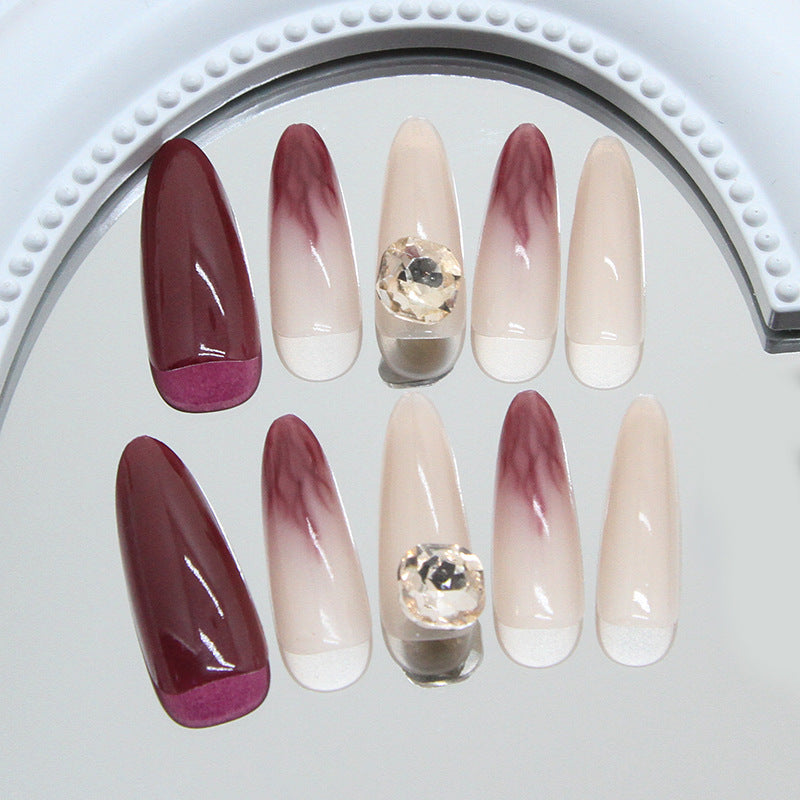 Elegant Glamour Long Almond Burgundy and Beige Gradient Press-On Nail Set with Jewel Accent