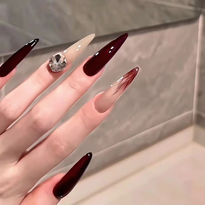Glamorous Nightfall Elegant Long Stiletto Press On Nail Set in Deep Red and Beige with Dazzling Rhinestone Accent