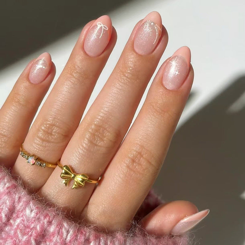 Whimsical Elegance Short Almond Blush Pink Press On Nail Set with Dazzling Glitter Accents