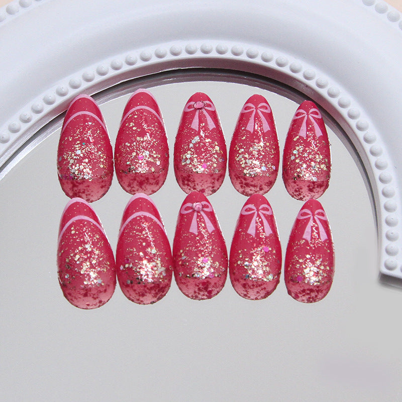 Charming Pink Glamour Pressed Nail Set Short Almond Shape Sparkling Glitter with Bow Detail