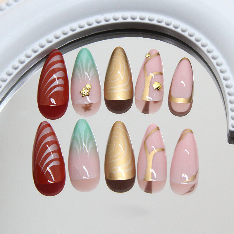 Elegant Nature Inspired Short Almond Shaped Red Green Pink Gold Press On Nail Set with Unique Leaf and Swirl Designs