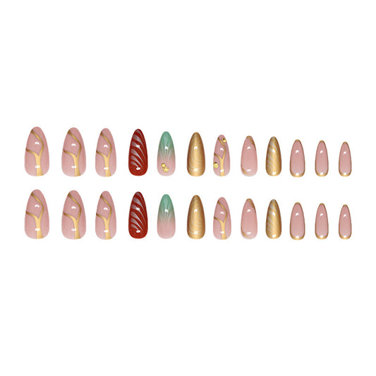 Enchanting Elegance Medium Almond Pink and Gold Press-On Nail Set with Artistic Floral Accents