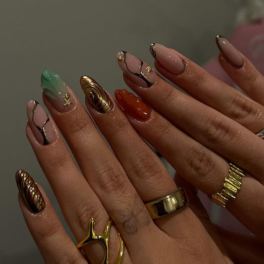 Glamorous Marble Fantasy Medium Almond Shape Colorful With Elegant Gold Detailing Press On Nail Set