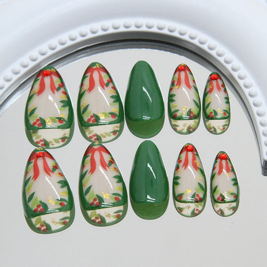 Festive Green Elegance Short Almond Shape Vibrant Green with Holiday Ribbon Design Press-On Nail Set