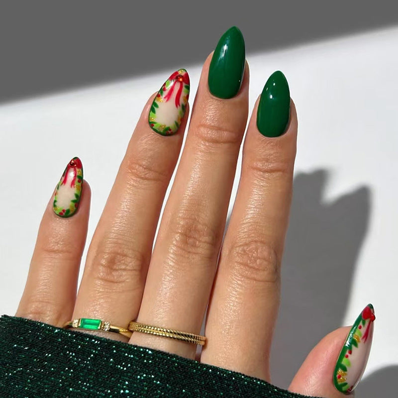 Festive Elegance Short Almond Green with Christmas Floral Design Press on Nail Set