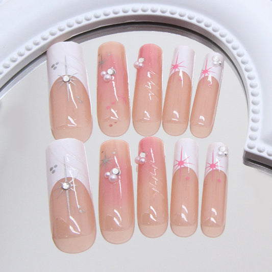 Elegant Enchantment Long Square Soft Pink with Shimmering Pearl Accents and Delicate Star Design Press On Nail Set