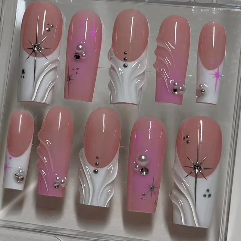 Glamorous Pink Long Square Shaped Press-On Nail Set in Soft Pink and White with Elegant Jewel Accents