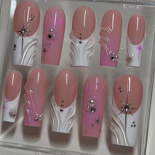 Glamorous Pink Long Square Shaped Press-On Nail Set in Soft Pink and White with Elegant Jewel Accents