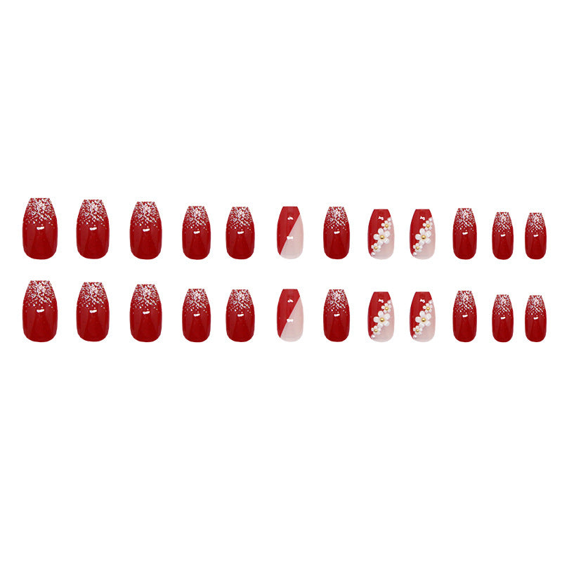 Glamorous Red Velvet Short Coffin Shape Press On Nail Set with Sparkling Glitter and Elegant Pearl Accents