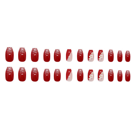 Glamorous Red Velvet Short Coffin Shape Press On Nail Set with Sparkling Glitter and Elegant Pearl Accents