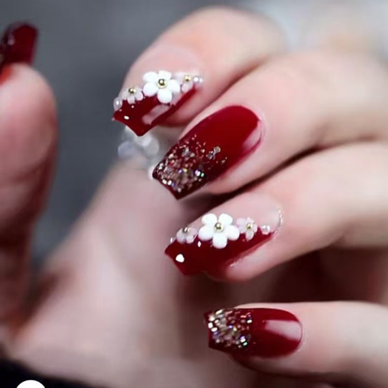 Charming Elegance Short Coffin Burgundy Press On Nail Set with Floral and Glitter Accent Design