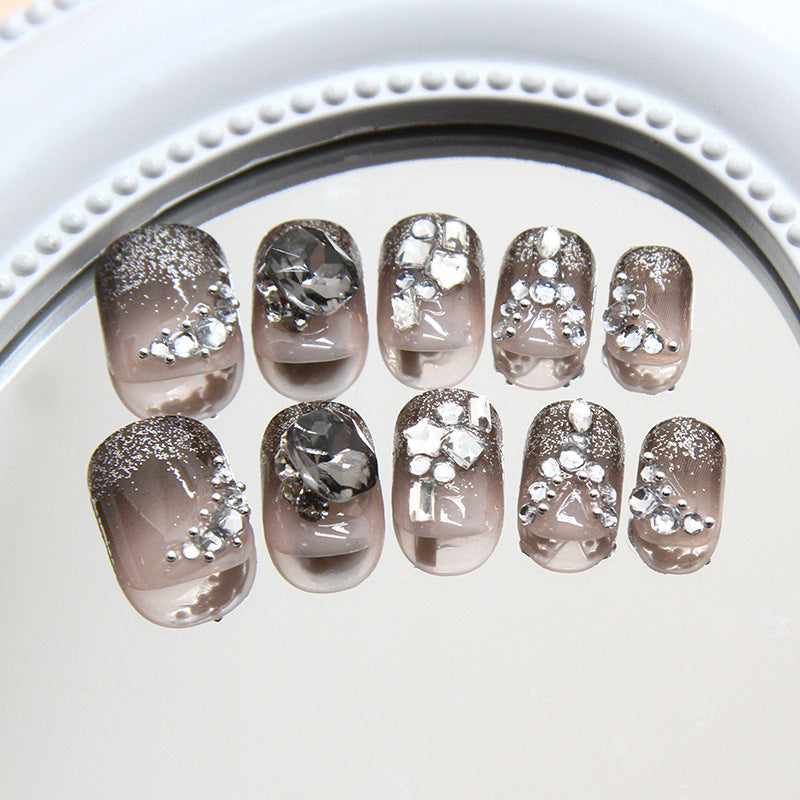 Elegant Glamour French Short Squoval Shaped Translucent Beige with Sparkling Rhinestones Press on Nail Set