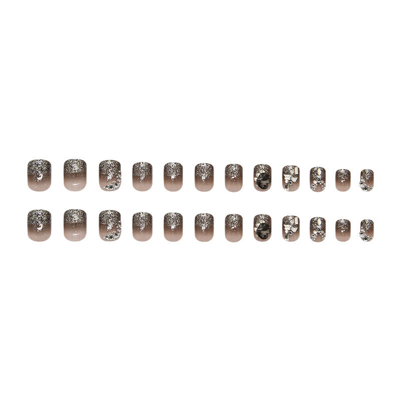 Glamorous Twilight Short Square Press On Nail Set in Shimmering Beige with Sparkling Embellishments