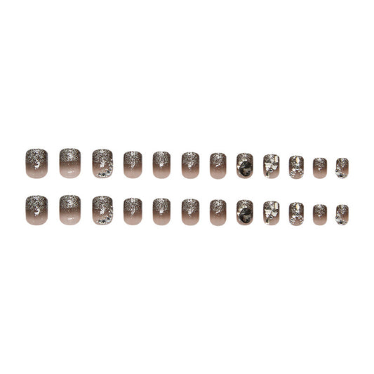 Glamorous Twilight Short Square Press On Nail Set in Shimmering Beige with Sparkling Embellishments