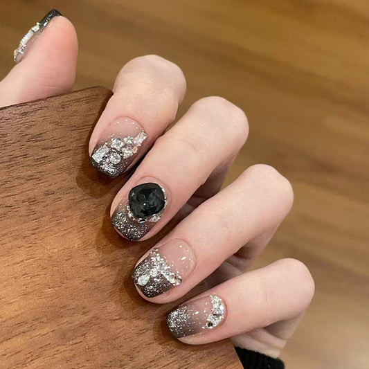 Glamorous Elegance Short Square Shaped Silver Glitter with Stunning Gemstone Accent Press on Nail Set