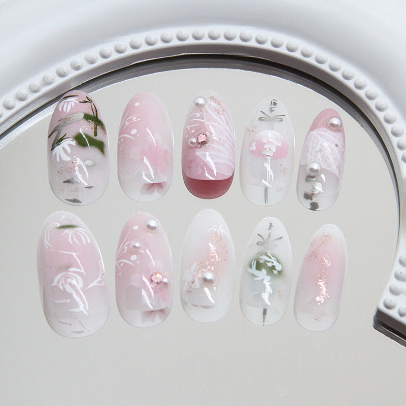 Whimsical Blossom Shaped Short Almond Pink Floral Press On Nail Set with Pearl Accents