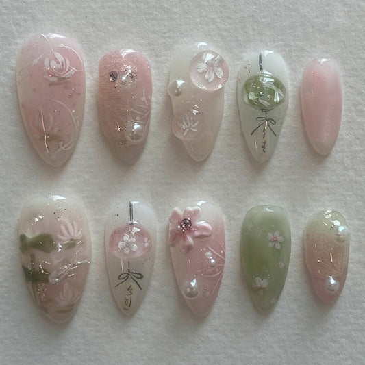 Cherry Blossom Dreamy Short Almond Shaped Pastel Pink and Green Nail Set with Floral Accents