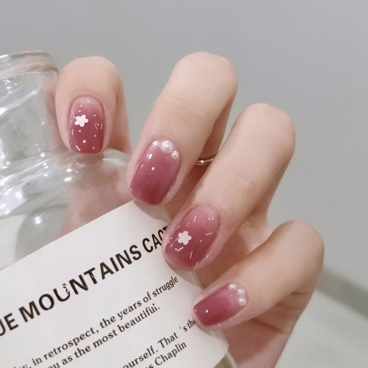 Elegant Sakura Blossom Short Round Mauve Press On Nails with Floral Accents and Pearl Embellishments