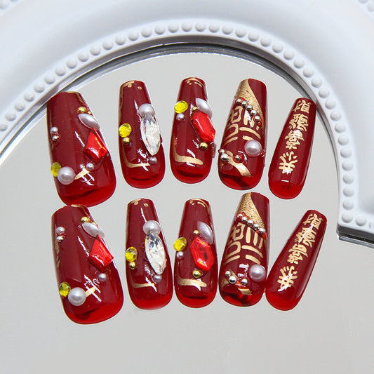 Elegant Celebration Glossy Medium Coffin Red Nail Set with Sparkling Gemstone Accents