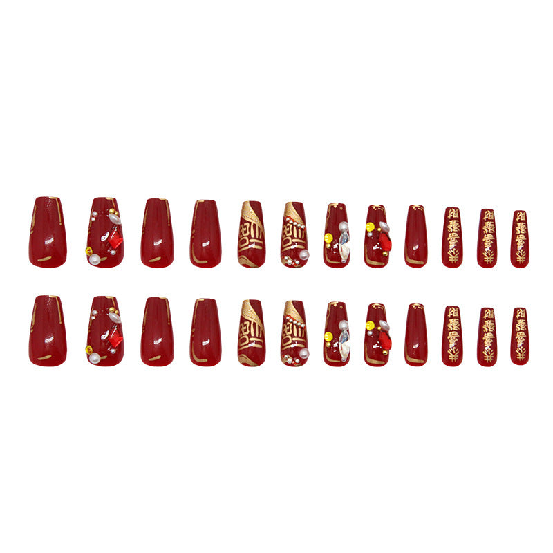 Elegant Lunar Festival Red Medium Coffin Shaped Press-On Nail Set with Glittering Floral Accents