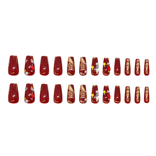 Elegant Lunar Festival Red Medium Coffin Shaped Press-On Nail Set with Glittering Floral Accents