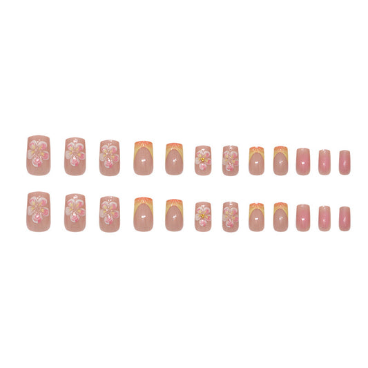 Tropical Paradise Short Square Pink Floral Press On Nail Set with Shimmering Finish