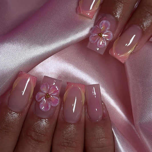 Dreamy Blossom Medium Square Pink Floral Design Press On Nail Set