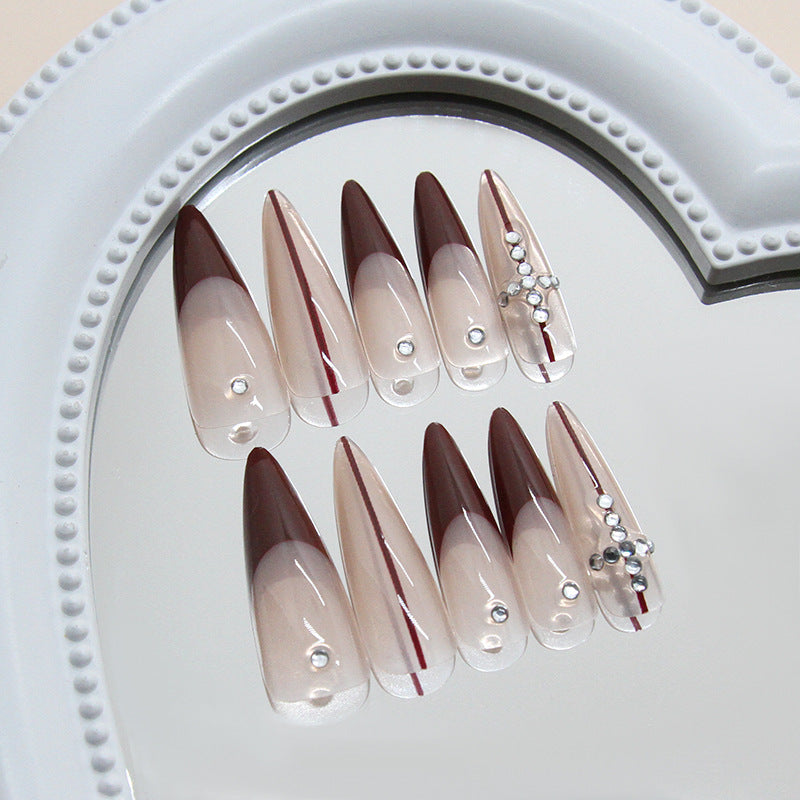Glamorous Elegance Long Almond Ombre Brown with Dazzling Gems and Striking Red Accent Nail Set