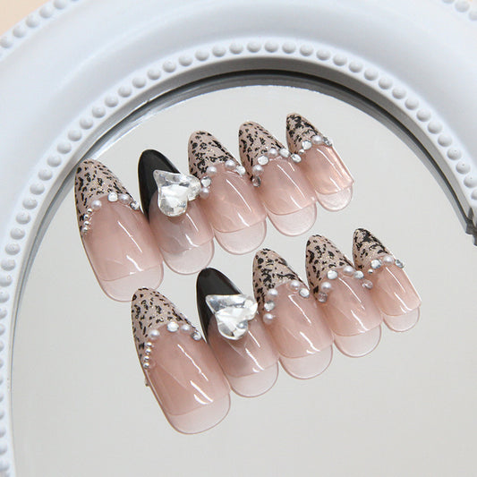 Glamorous Leopard Print Medium Almond Press On Nail Set in Beige and Black Featuring Elegant Rhinestones
