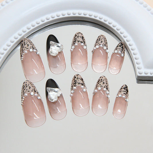 Elegant Leopard Charm Medium Almond Nude Pink Pearl Accent Press On Nail Set