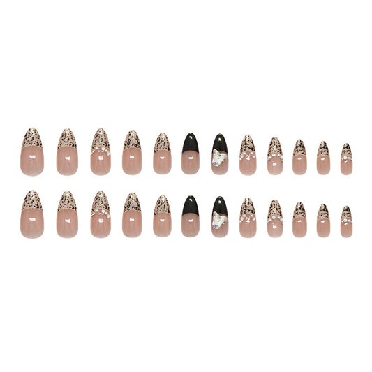 Wild Safari Inspired Medium Almond Beige and Black Press-On Nail Set with Unique Animal Print Accents