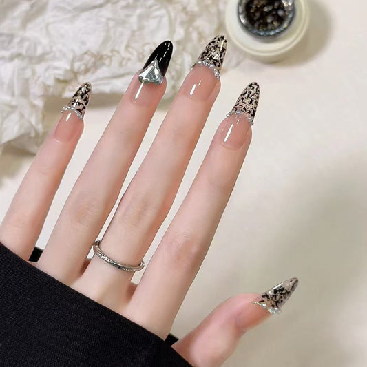 Glamorous Night Dream Medium Almond Black and Clear Press on Nail Set Featuring Chic Leopard Print Design